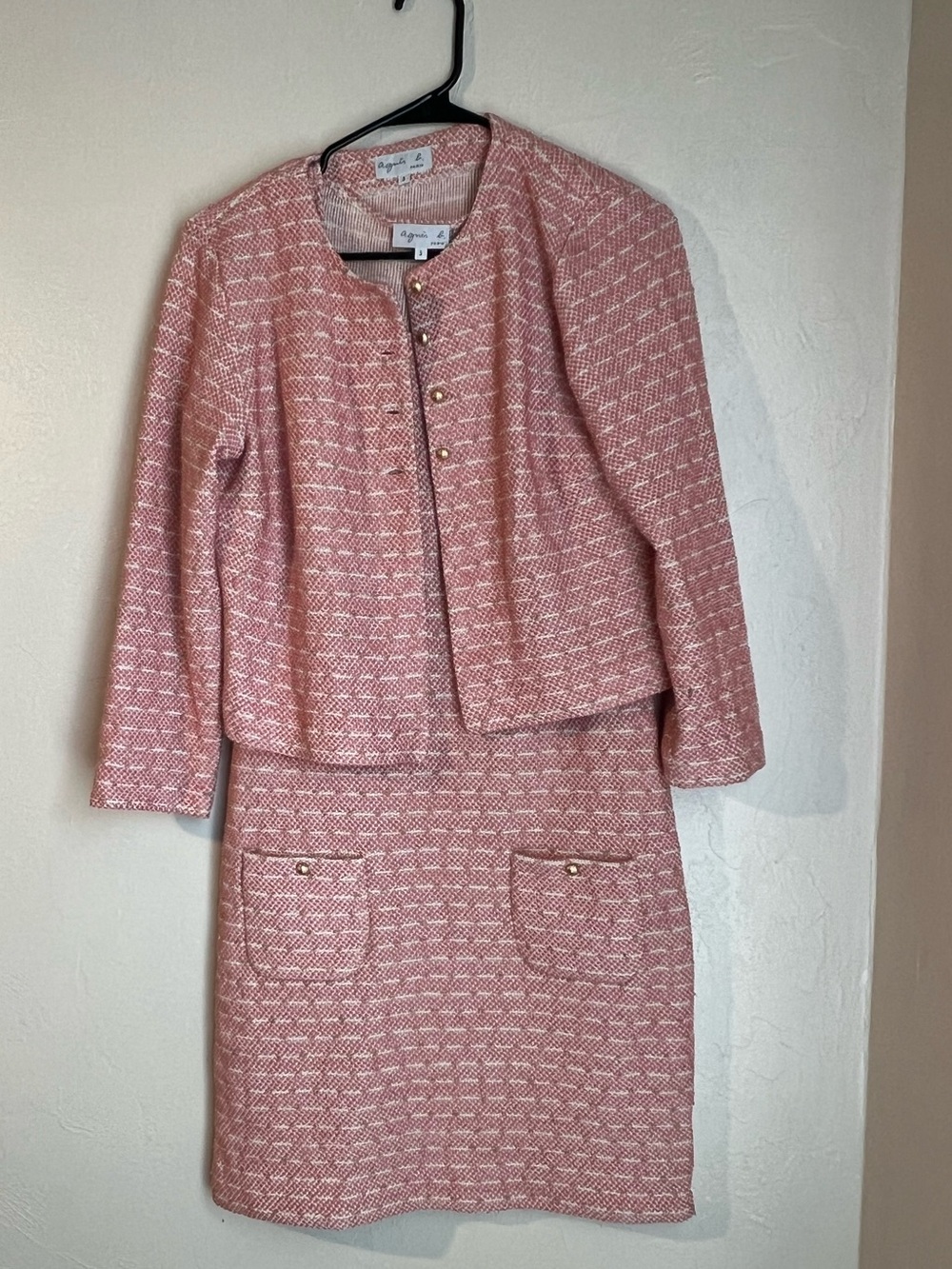 Agnes B. Pink Tweed Two-Piece Skirt Set with Gold Buttons